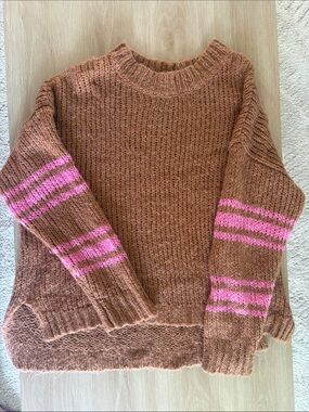 aerie Brown Crewneck Sweater with Pink Sleeve Stripes
